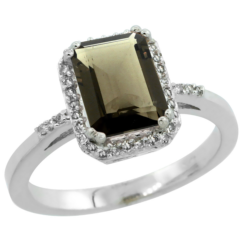 14K White Gold Diamond Natural Smoky Topaz Ring Emerald-cut 8x6mm, sizes 5-10