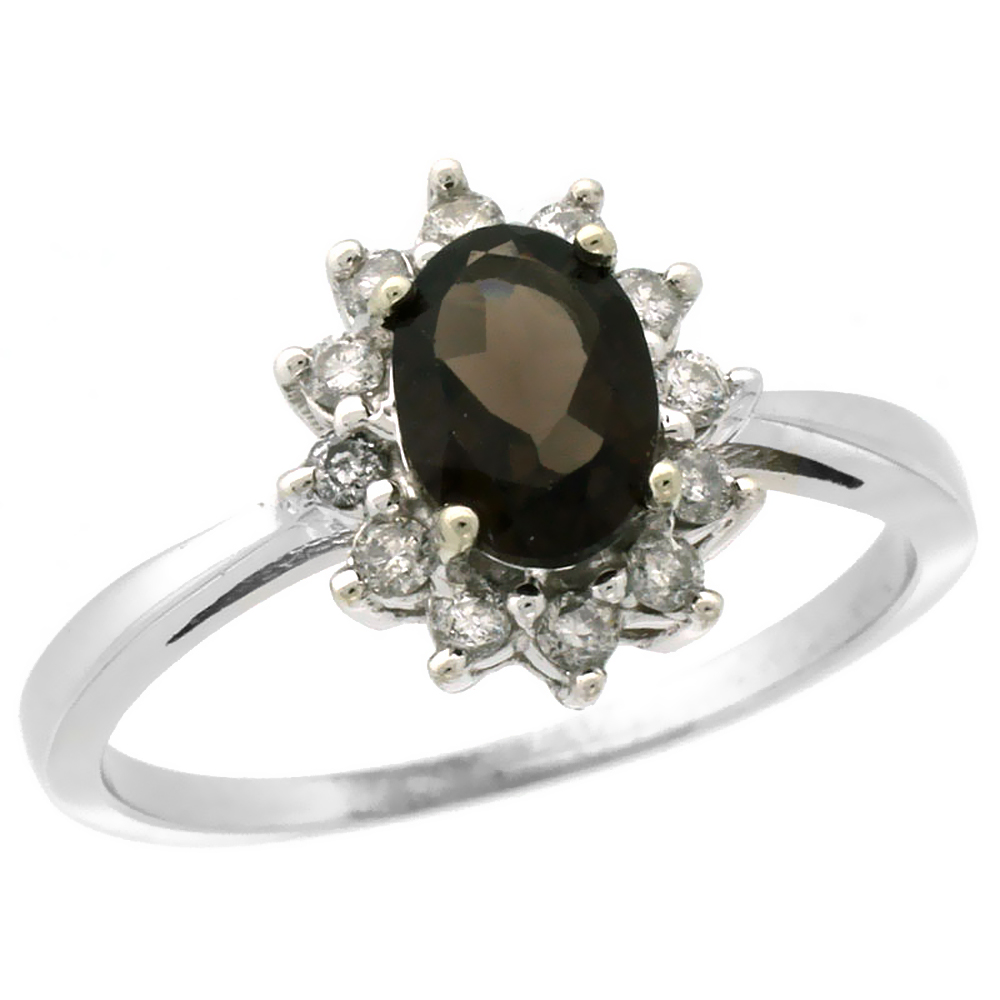 10k White Gold Natural Smoky Topaz Engagement Ring Oval 7x5mm Diamond Halo, sizes 5-10