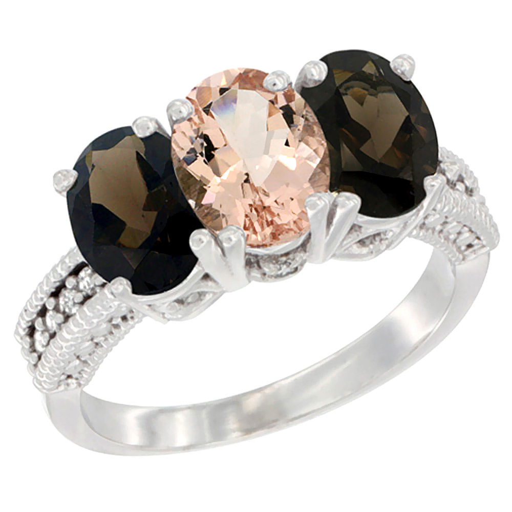 14K White Gold Natural Morganite &amp; Smoky Topaz Ring 3-Stone 7x5 mm Oval Diamond Accent, sizes 5 - 10