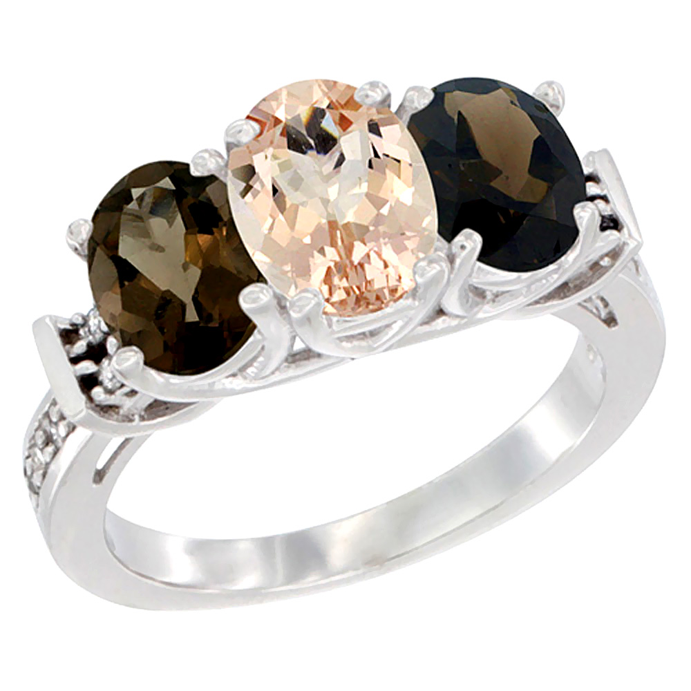 10K White Gold Natural Morganite &amp; Smoky Topaz Sides Ring 3-Stone Oval Diamond Accent, sizes 5 - 10