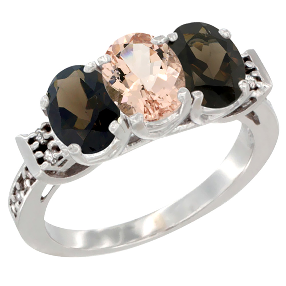 14K White Gold Natural Morganite &amp; Smoky Topaz Sides Ring 3-Stone Oval 7x5 mm Diamond Accent, sizes 5 - 10