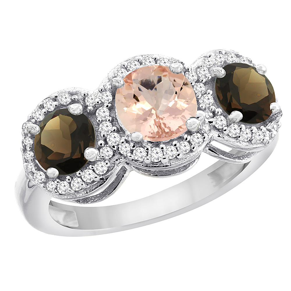 10K White Gold Natural Morganite &amp; Smoky Topaz Sides Round 3-stone Ring Diamond Accents, sizes 5 - 10