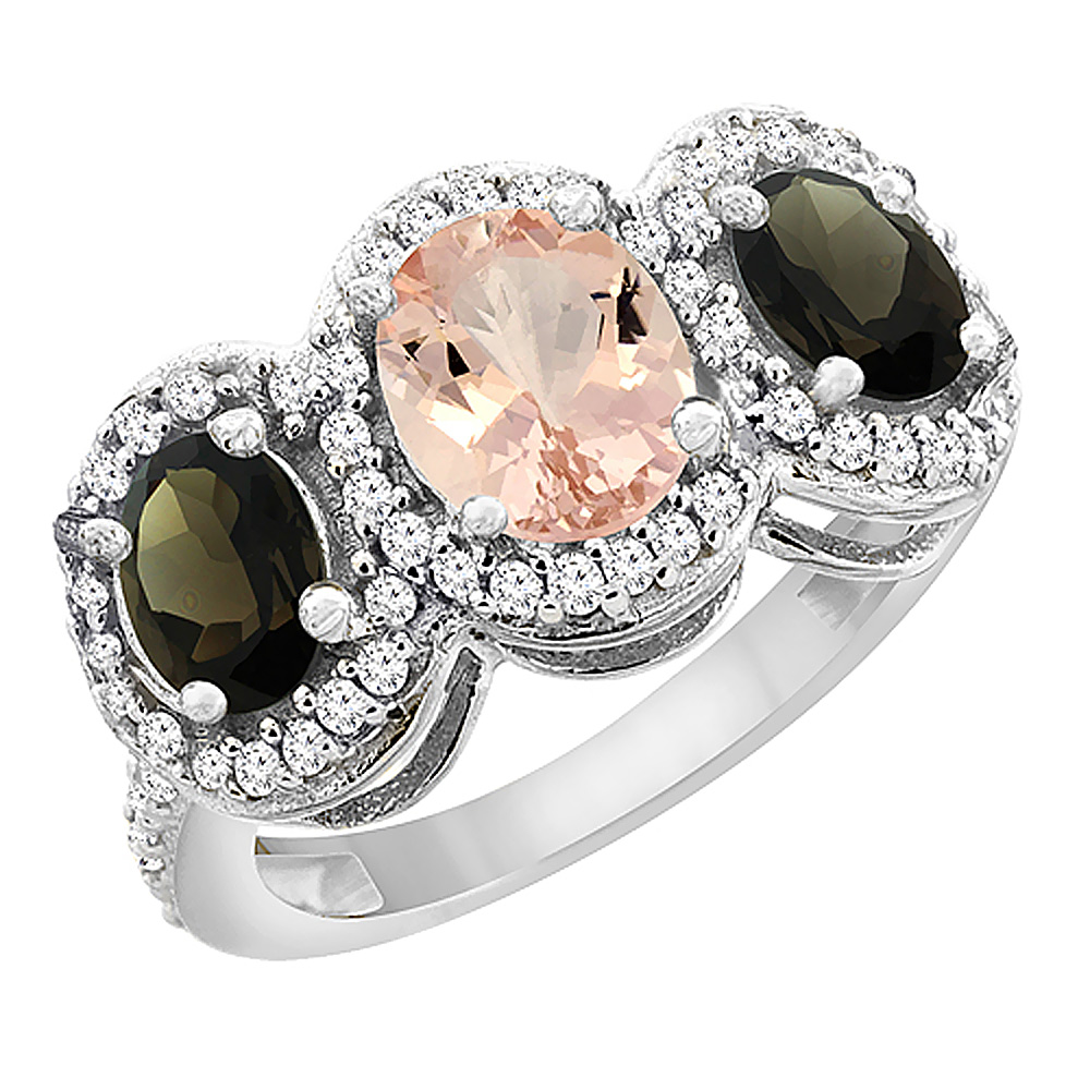 14K White Gold Natural Morganite & Smoky Topaz 3-Stone Ring Oval Diamond Accent, sizes 5 - 10