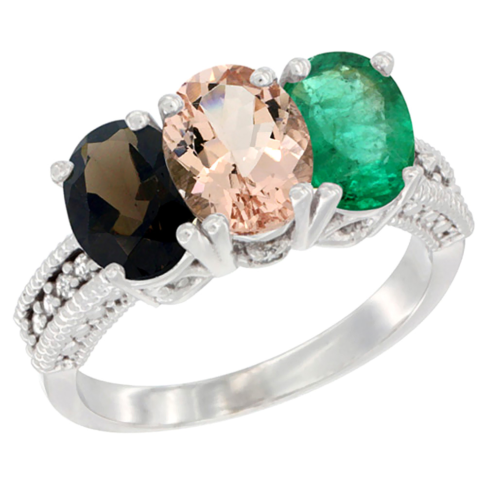 14K White Gold Natural Smoky Topaz, Morganite &amp; Emerald Ring 3-Stone 7x5 mm Oval Diamond Accent, sizes 5 - 10
