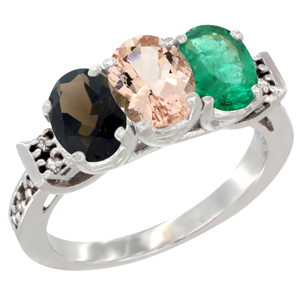 14K White Gold Natural Smoky Topaz, Morganite & Emerald Ring 3-Stone Oval 7x5 mm Diamond Accent, sizes 5 - 10