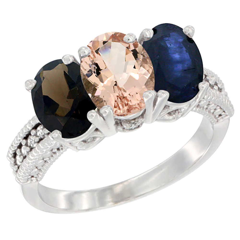 10K White Gold Natural Smoky Topaz, Morganite &amp; Blue Sapphire Ring 3-Stone Oval 7x5 mm Diamond Accent, sizes 5 - 10