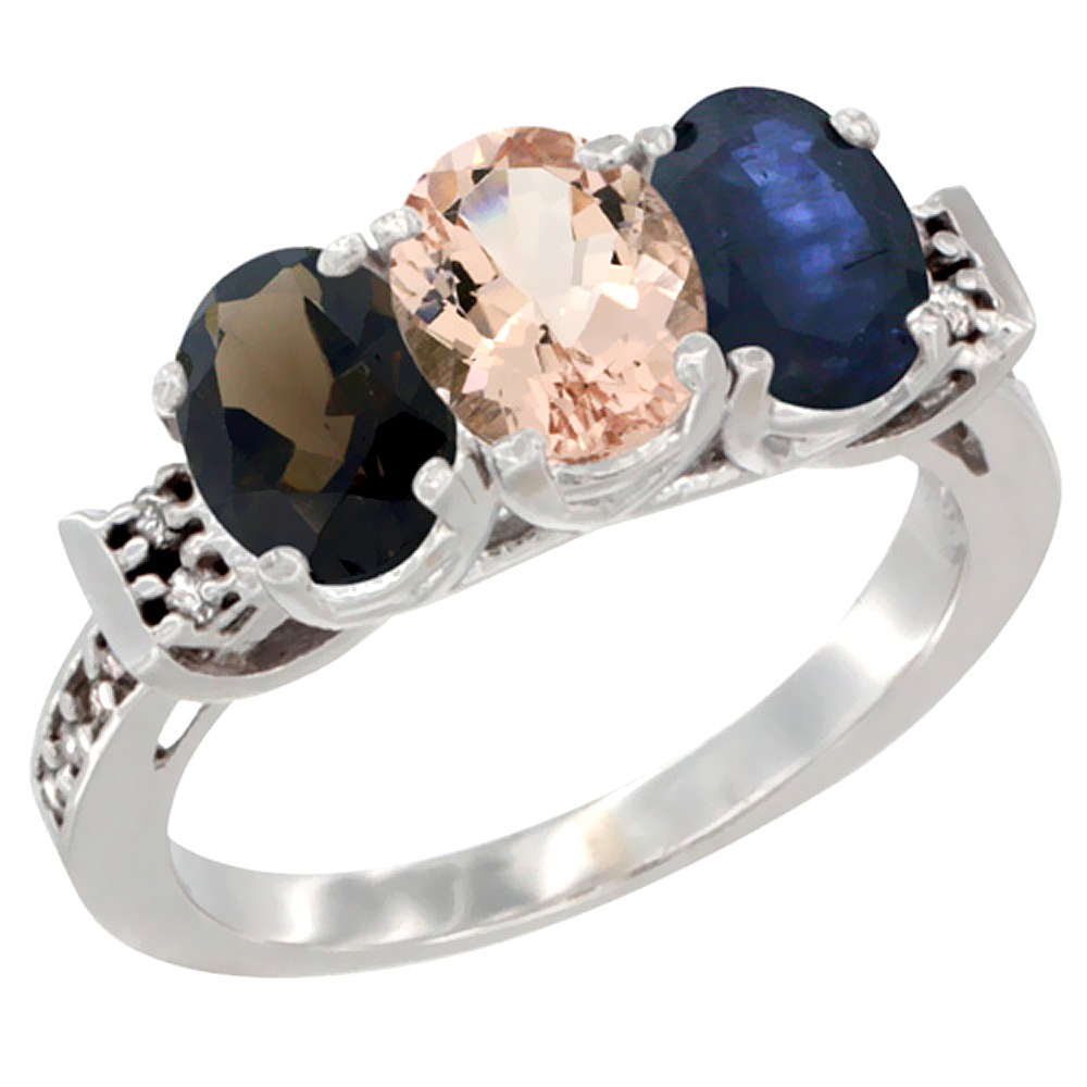10K White Gold Natural Smoky Topaz, Morganite &amp; Blue Sapphire Ring 3-Stone Oval 7x5 mm Diamond Accent, sizes 5 - 10