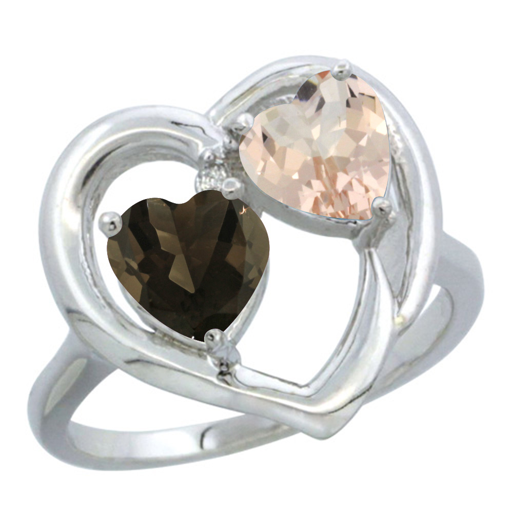 14K White Gold Diamond Two-stone Heart Ring 6mm Natural Smoky Topaz &amp; Morganite, sizes 5-10
