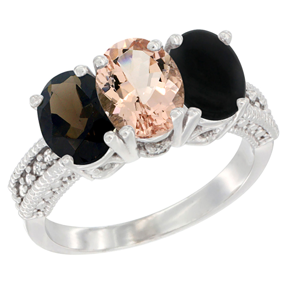 14K White Gold Natural Smoky Topaz, Morganite & Black Onyx Ring 3-Stone 7x5 mm Oval Diamond Accent, sizes 5 - 10