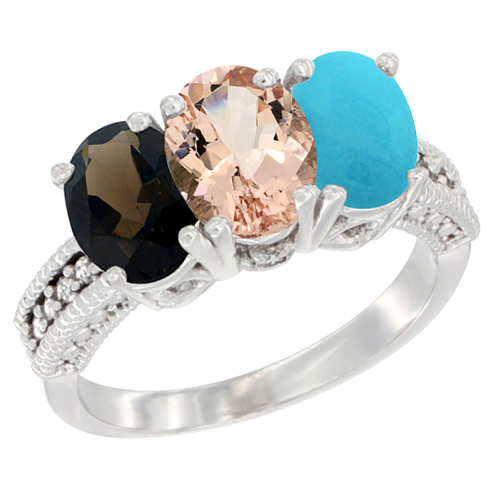 14K White Gold Natural Smoky Topaz, Morganite &amp; Turquoise Ring 3-Stone 7x5 mm Oval Diamond Accent, sizes 5 - 10