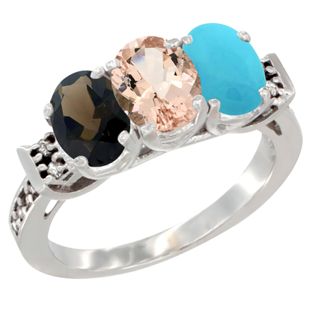 14K White Gold Natural Smoky Topaz, Morganite & Turquoise Ring 3-Stone Oval 7x5 mm Diamond Accent, sizes 5 - 10