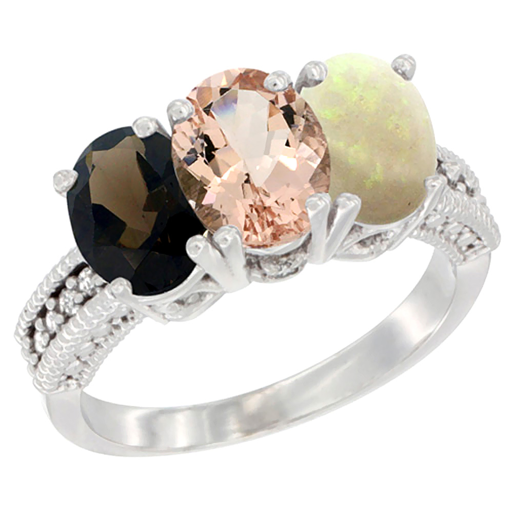 10K White Gold Natural Smoky Topaz, Morganite & Opal Ring 3-Stone Oval 7x5 mm Diamond Accent, sizes 5 - 10