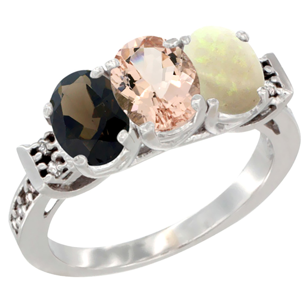 10K White Gold Natural Smoky Topaz, Morganite & Opal Ring 3-Stone Oval 7x5 mm Diamond Accent, sizes 5 - 10