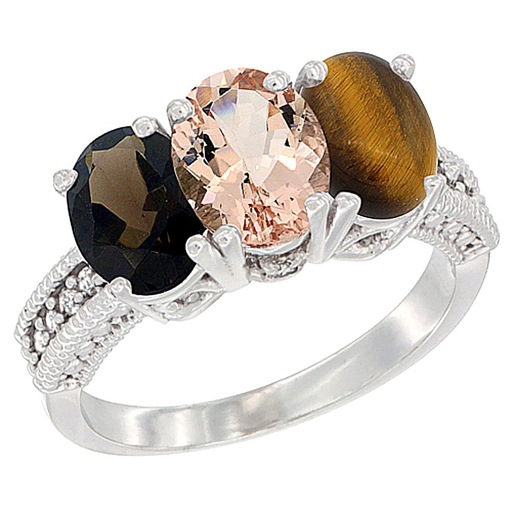 14K White Gold Natural Smoky Topaz, Morganite &amp; Tiger Eye Ring 3-Stone 7x5 mm Oval Diamond Accent, sizes 5 - 10