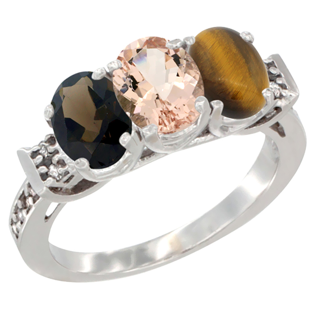 10K White Gold Natural Smoky Topaz, Morganite &amp; Tiger Eye Ring 3-Stone Oval 7x5 mm Diamond Accent, sizes 5 - 10