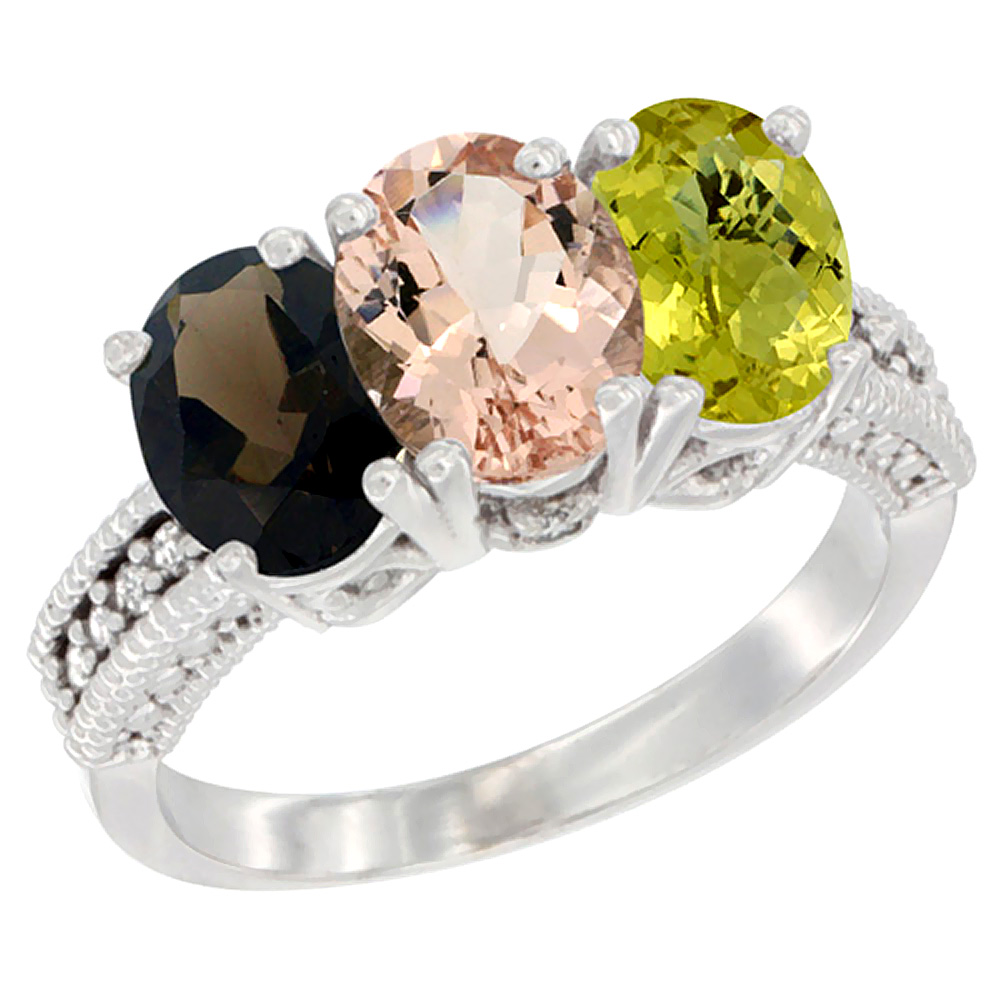 10K White Gold Natural Smoky Topaz, Morganite & Lemon Quartz Ring 3-Stone Oval 7x5 mm Diamond Accent, sizes 5 - 10