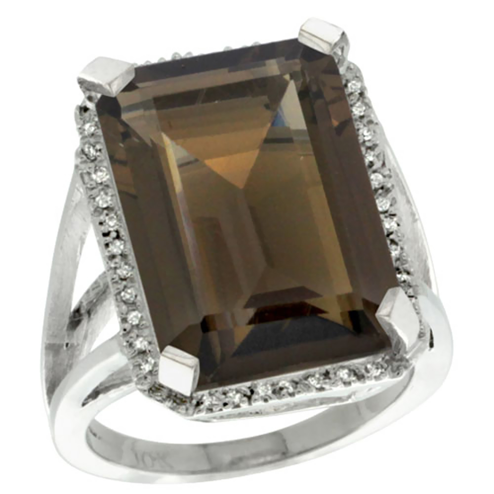 14K White Gold Diamond Natural Smoky Topaz Ring Emerald-cut 18x13mm, sizes 5-10