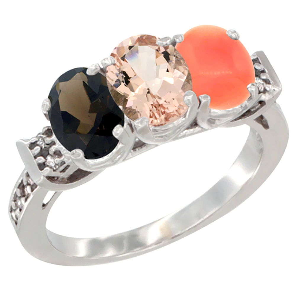 14K White Gold Natural Smoky Topaz, Morganite &amp; Coral Ring 3-Stone Oval 7x5 mm Diamond Accent, sizes 5 - 10