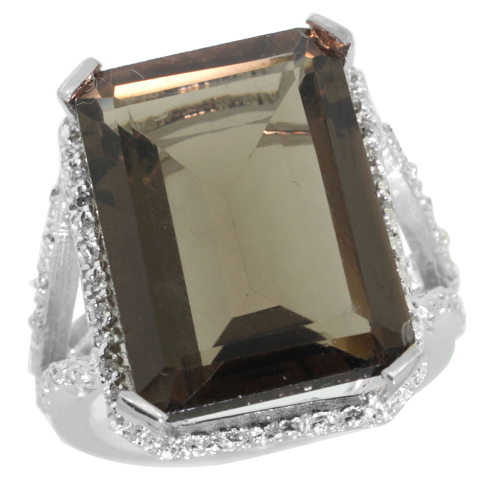 14K White Gold Diamond Natural Smoky Topaz Ring Emerald-cut 18x13mm, sizes 5-10