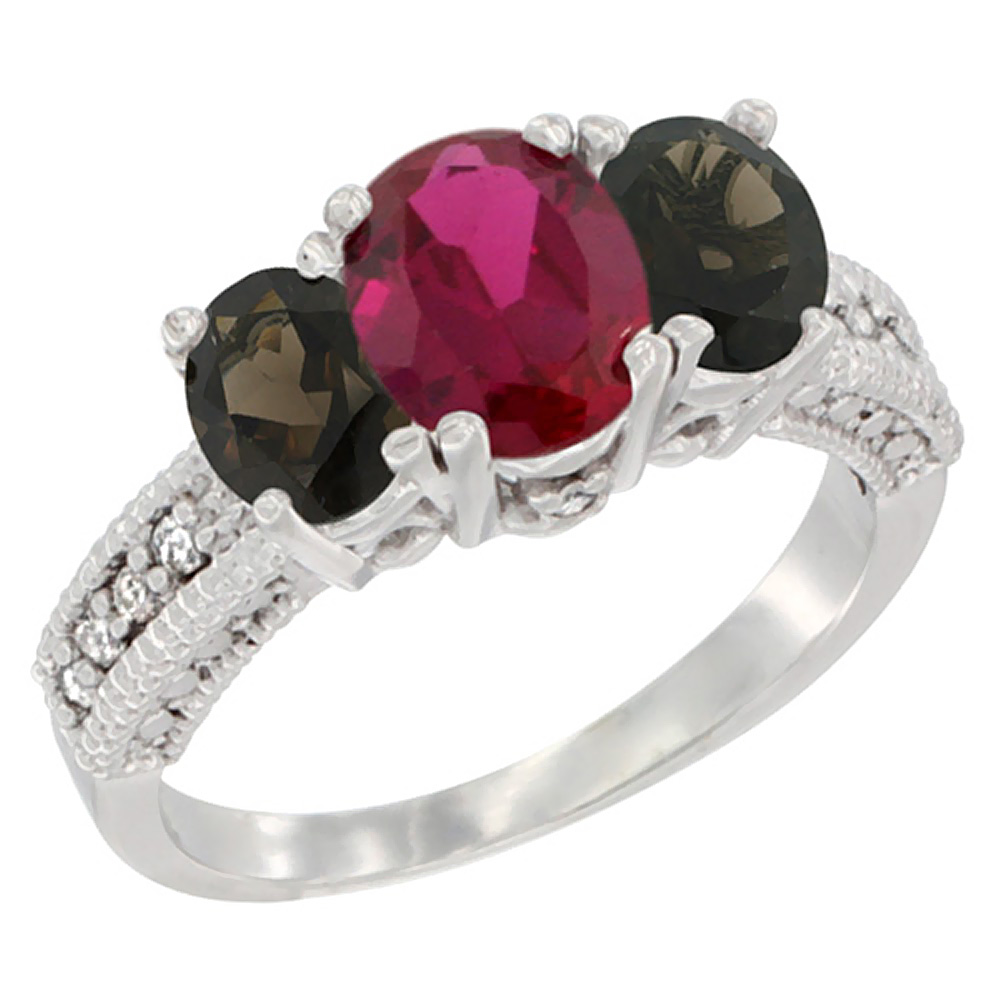 10K White Gold Diamond Enhanced Ruby Ring Oval 3-stone with Smoky Topaz, sizes 5 - 10