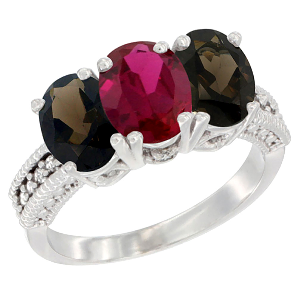 14K White Gold Enhanced Ruby &amp; Natural Smoky Topaz Ring 3-Stone 7x5 mm Oval Diamond Accent, sizes 5 - 10