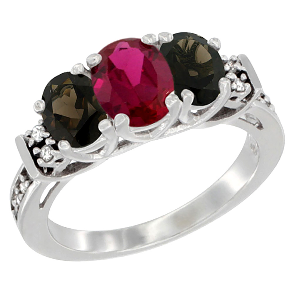 14K White Gold Natural Quality Ruby &amp; Smoky Topaz 3-stone Mothers Ring Oval Diamond Accent, size 5-10