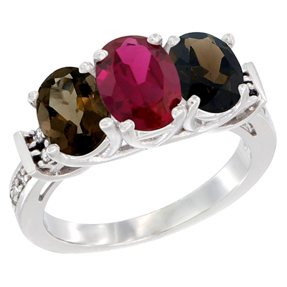 14K White Gold Natural High Quality Ruby & Smoky Topaz Sides Ring 3-Stone Oval Diamond Accent, sizes 5 - 10