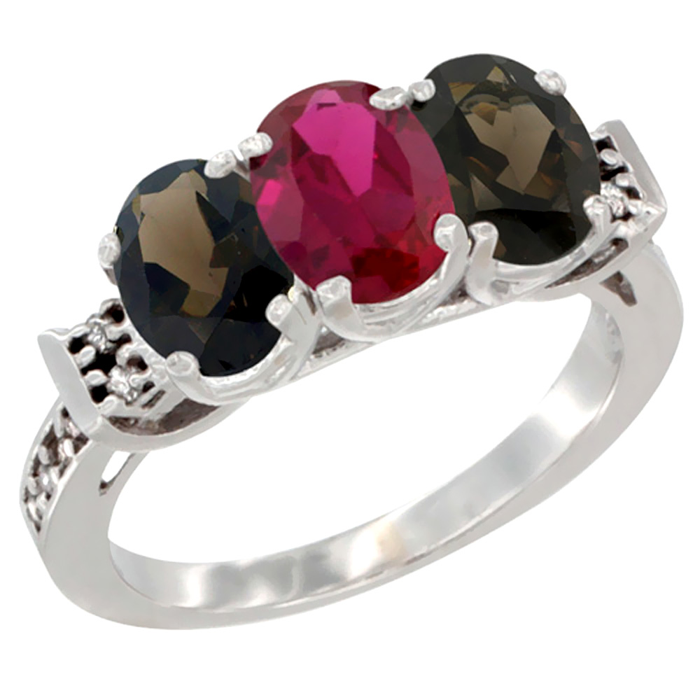 14K White Gold Enhanced Ruby &amp; Natural Smoky Topaz Sides Ring 3-Stone Oval 7x5 mm Diamond Accent, sizes 5 - 10