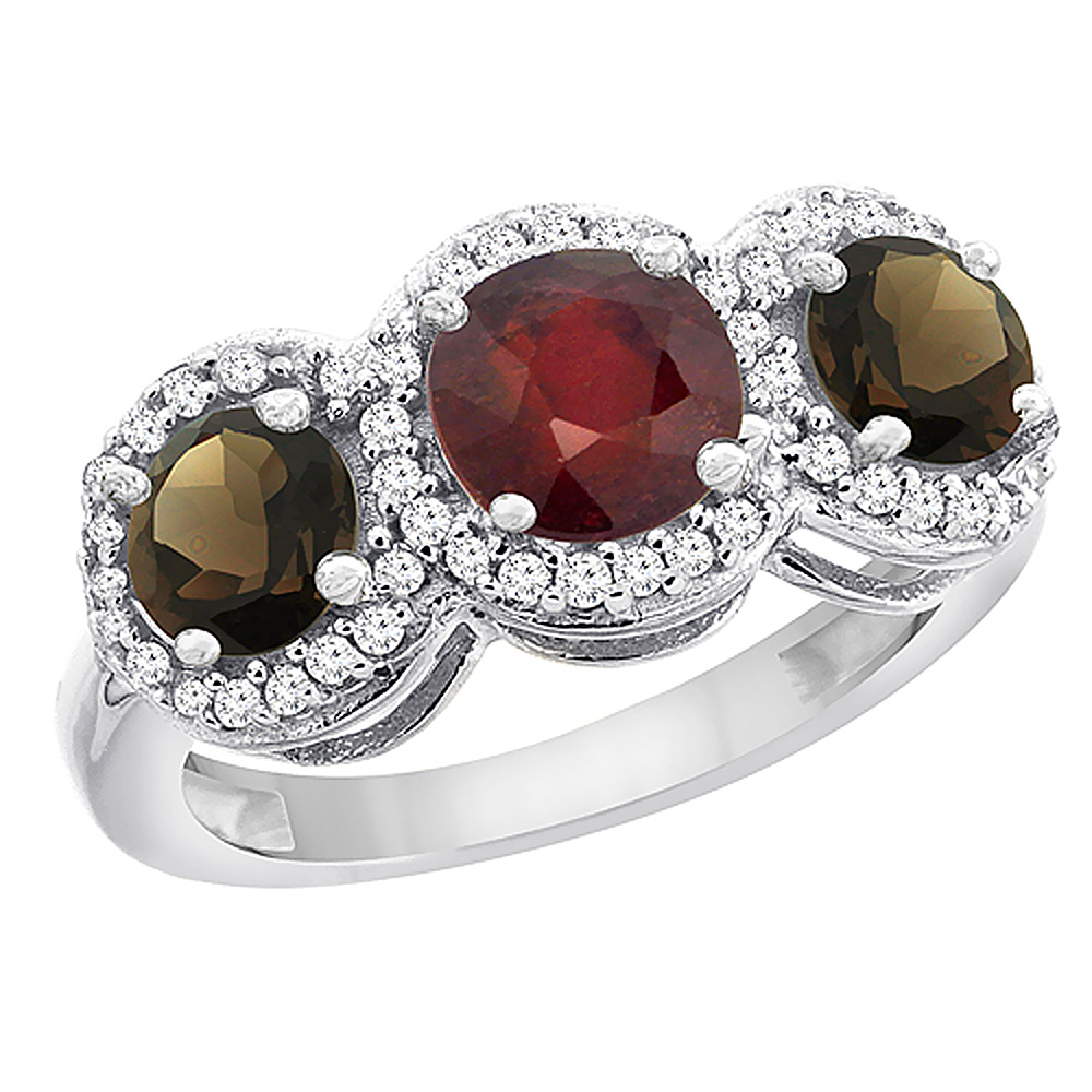 14K White Gold Enhanced Ruby &amp; Smoky Topaz Sides Round 3-stone Ring Diamond Accents, sizes 5 - 10