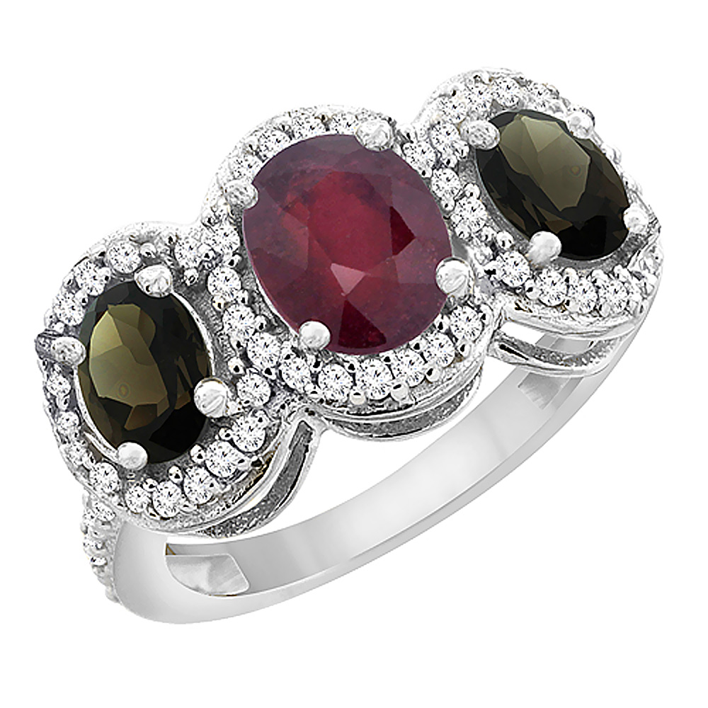 14K White Gold Natural Quality Ruby &amp; Smoky Topaz 3-stone Mothers Ring Oval Diamond Accent, size 5 - 10