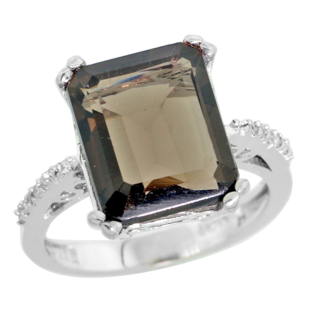 14K White Gold Diamond Natural Smoky Topaz Ring Emerald-cut 12x10mm, sizes 5-10