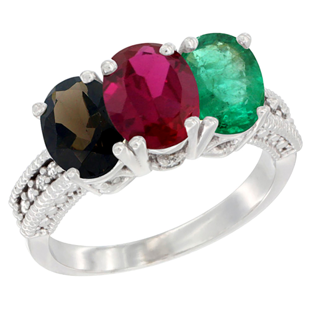 14K White Gold Natural Smoky Topaz, Enhanced Ruby &amp; Natural Emerald Ring 3-Stone 7x5 mm Oval Diamond Accent, sizes 5 - 10