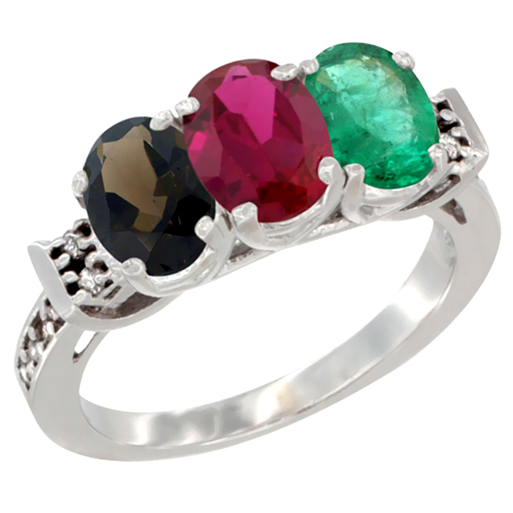 14K White Gold Natural Smoky Topaz, Enhanced Ruby &amp; Natural Emerald Ring 3-Stone Oval 7x5 mm Diamond Accent, sizes 5 - 10