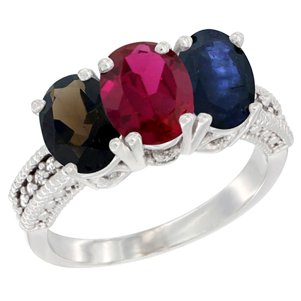 10K White Gold Natural Smoky Topaz, Enhanced Ruby & Natural Blue Sapphire Ring 3-Stone Oval 7x5 mm Diamond Accent, sizes 5 - 10