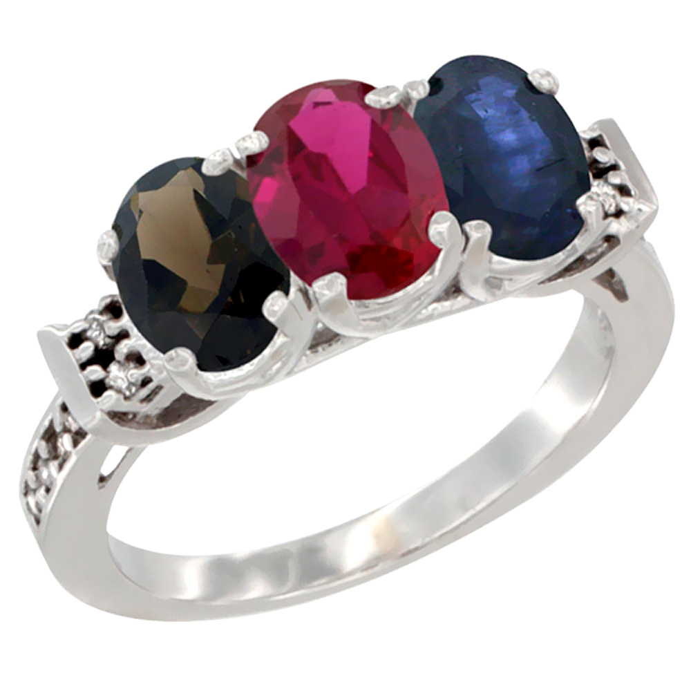 14K White Gold Natural Smoky Topaz, Enhanced Ruby &amp; Natural Blue Sapphire Ring 3-Stone Oval 7x5 mm Diamond Accent, sizes 5 - 10