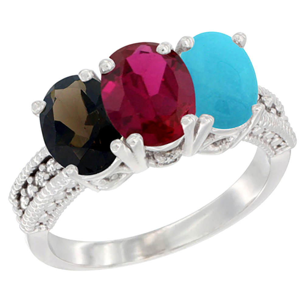 10K White Gold Natural Smoky Topaz, Enhanced Ruby & Natural Turquoise Ring 3-Stone Oval 7x5 mm Diamond Accent, sizes 5 - 10