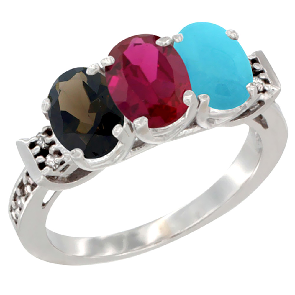 14K White Gold Natural Smoky Topaz, Enhanced Ruby &amp; Natural Turquoise Ring 3-Stone Oval 7x5 mm Diamond Accent, sizes 5 - 10
