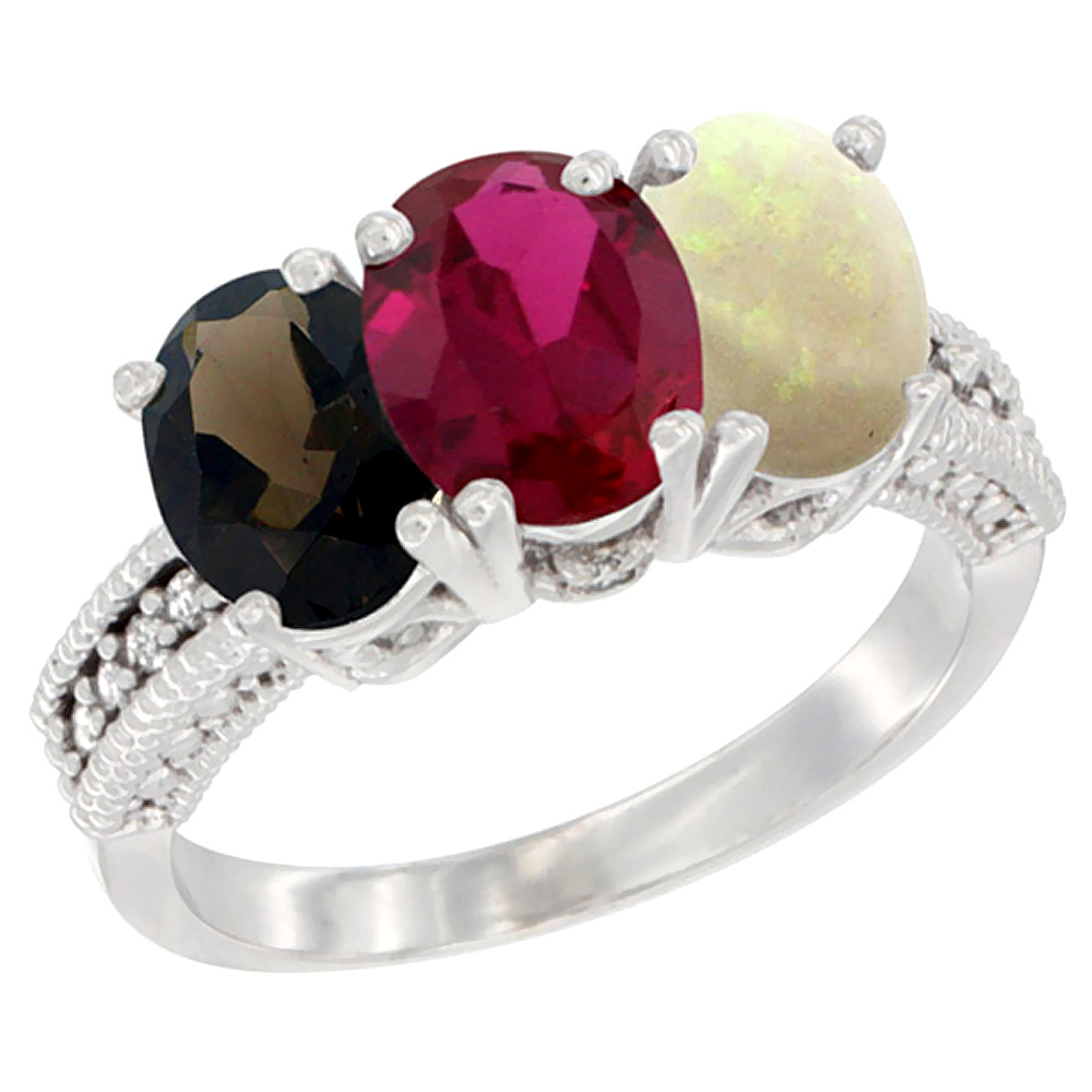 10K White Gold Natural Smoky Topaz, Enhanced Ruby &amp; Natural Opal Ring 3-Stone Oval 7x5 mm Diamond Accent, sizes 5 - 10