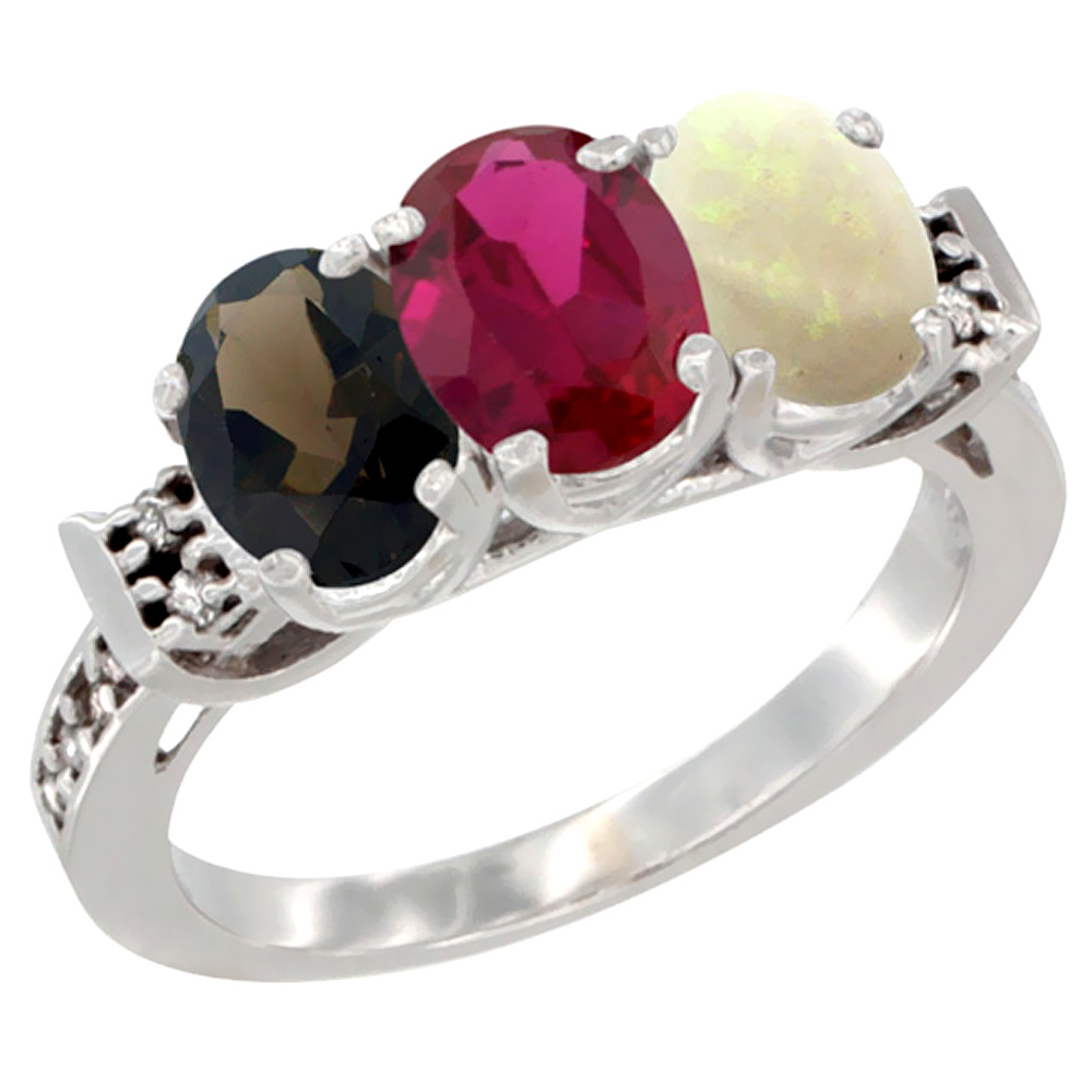 10K White Gold Natural Smoky Topaz, Enhanced Ruby &amp; Natural Opal Ring 3-Stone Oval 7x5 mm Diamond Accent, sizes 5 - 10