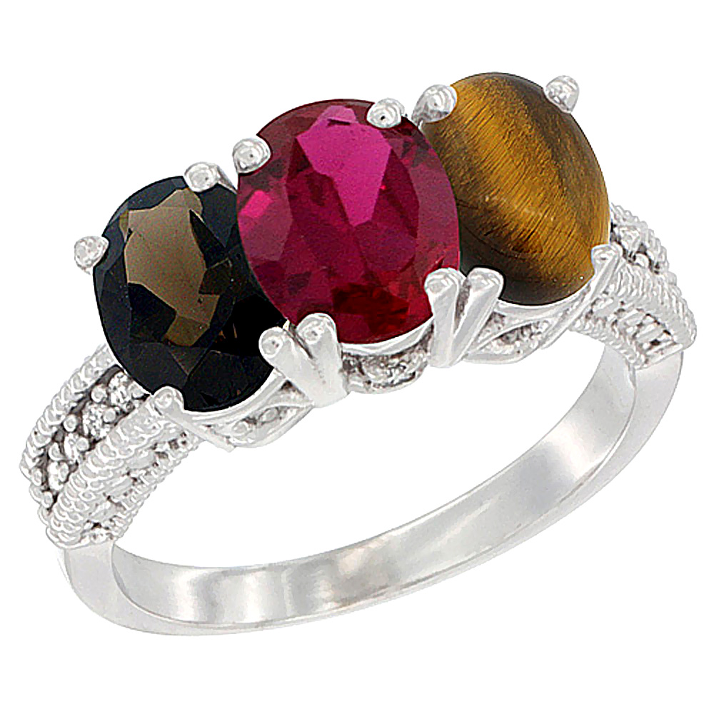 10K White Gold Natural Smoky Topaz, Enhanced Ruby & Natural Tiger Eye Ring 3-Stone Oval 7x5 mm Diamond Accent, sizes 5 - 10