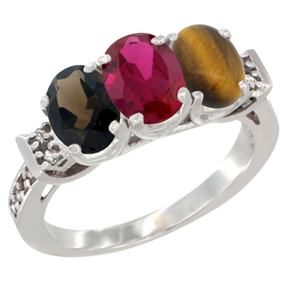 10K White Gold Natural Smoky Topaz, Enhanced Ruby &amp; Natural Tiger Eye Ring 3-Stone Oval 7x5 mm Diamond Accent, sizes 5 - 10