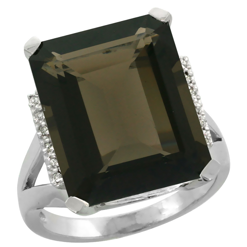 14K White Gold Diamond Natural Smoky Topaz Ring Emerald-cut 16x12mm, sizes 5-10