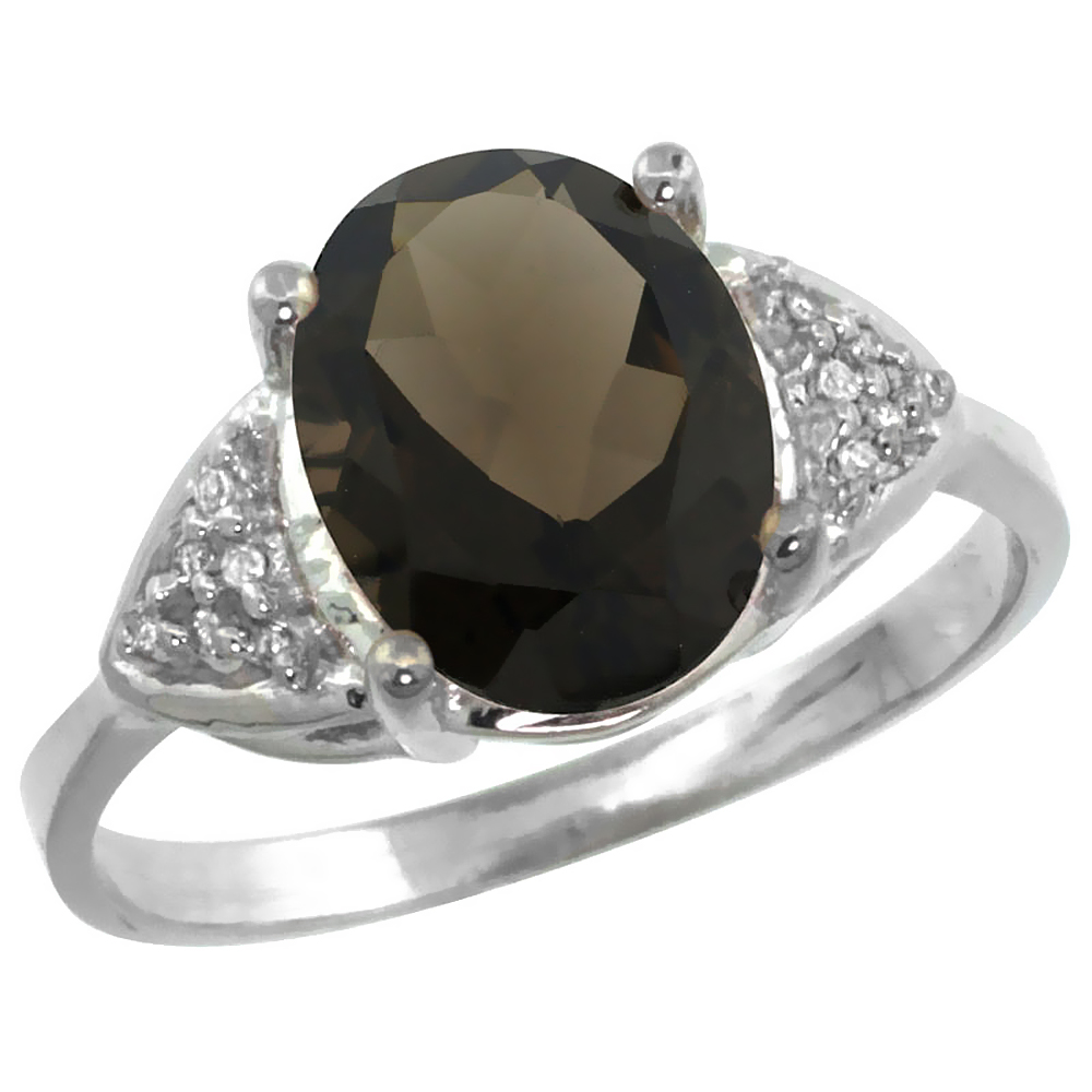 14k White Gold Diamond Natural Smoky Topaz Engagement Ring Oval 10x8mm, sizes 5-10