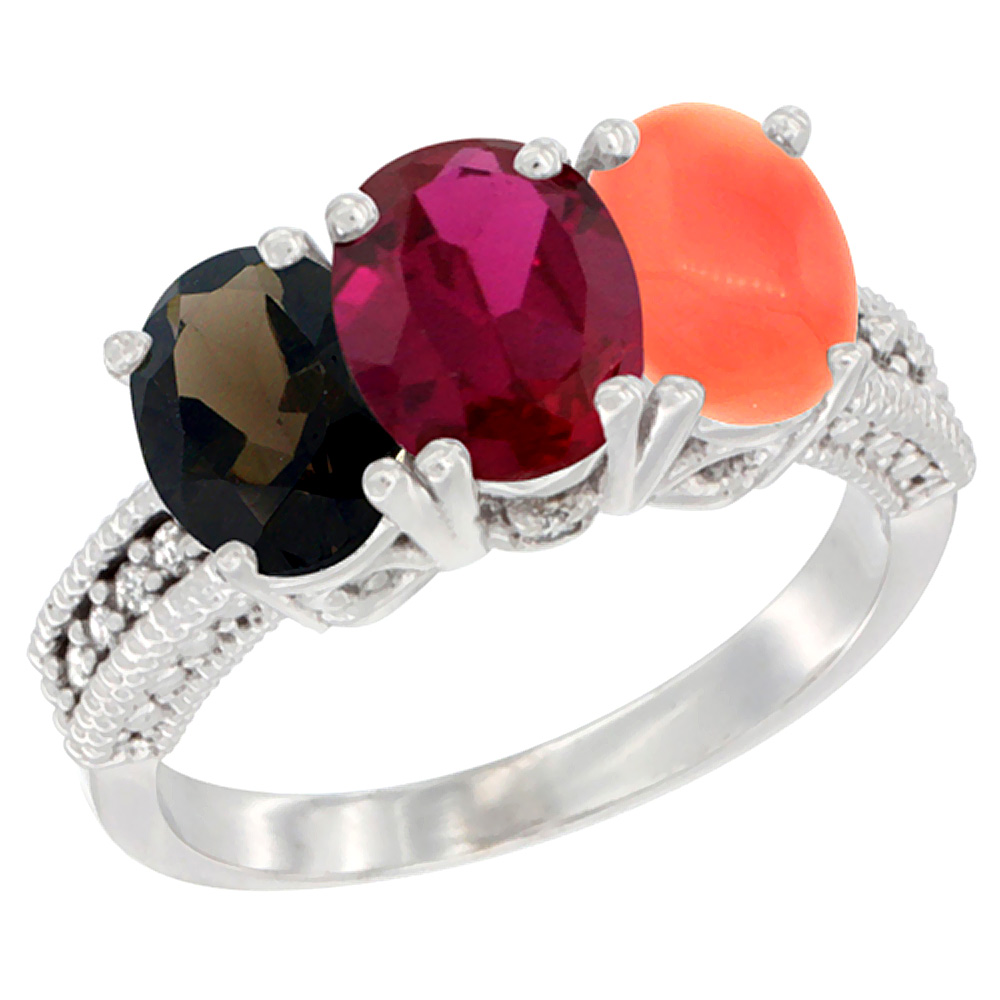 14K White Gold Natural Smoky Topaz, Enhanced Ruby & Natural Coral Ring 3-Stone 7x5 mm Oval Diamond Accent, sizes 5 - 10