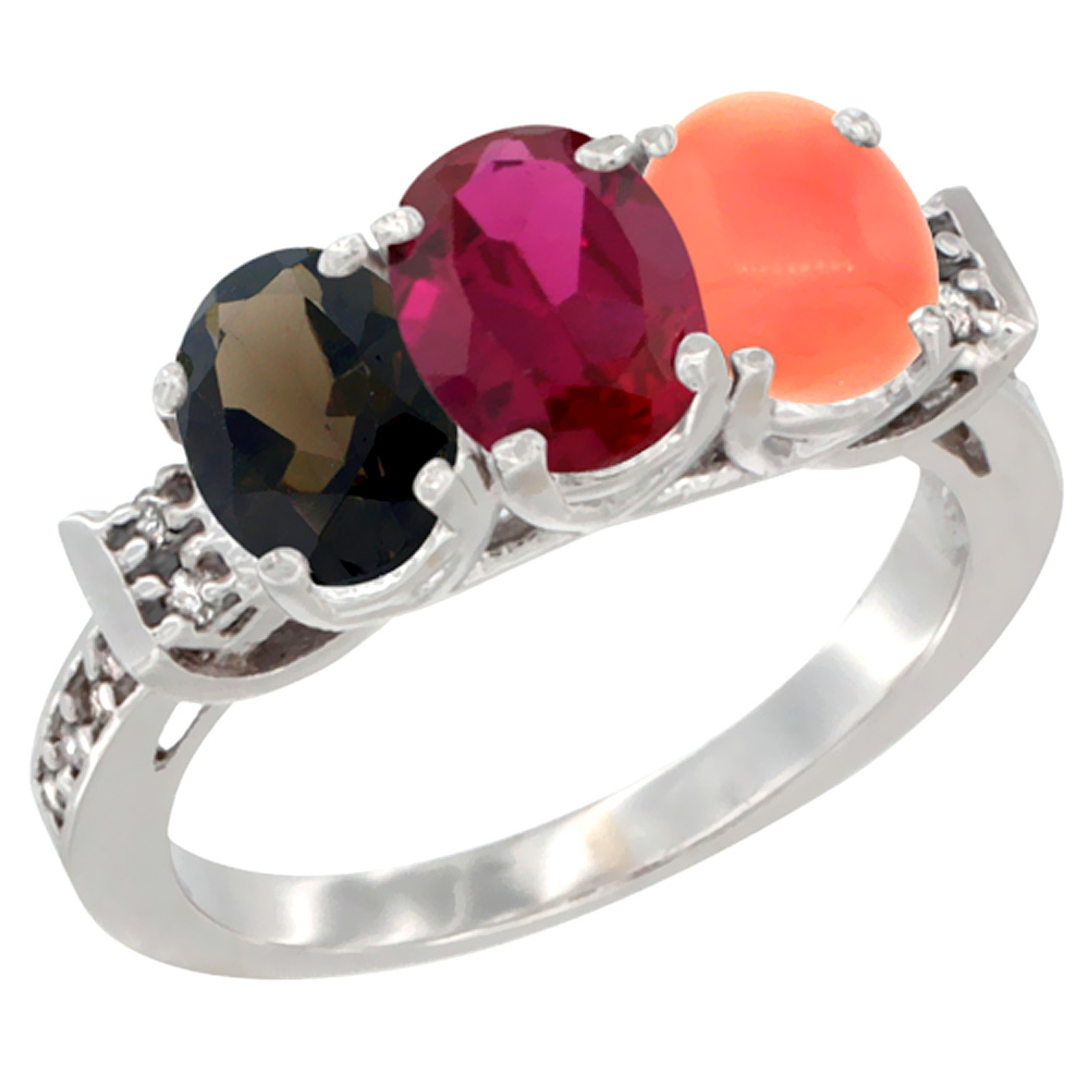 10K White Gold Natural Smoky Topaz, Enhanced Ruby & Natural Coral Ring 3-Stone Oval 7x5 mm Diamond Accent, sizes 5 - 10