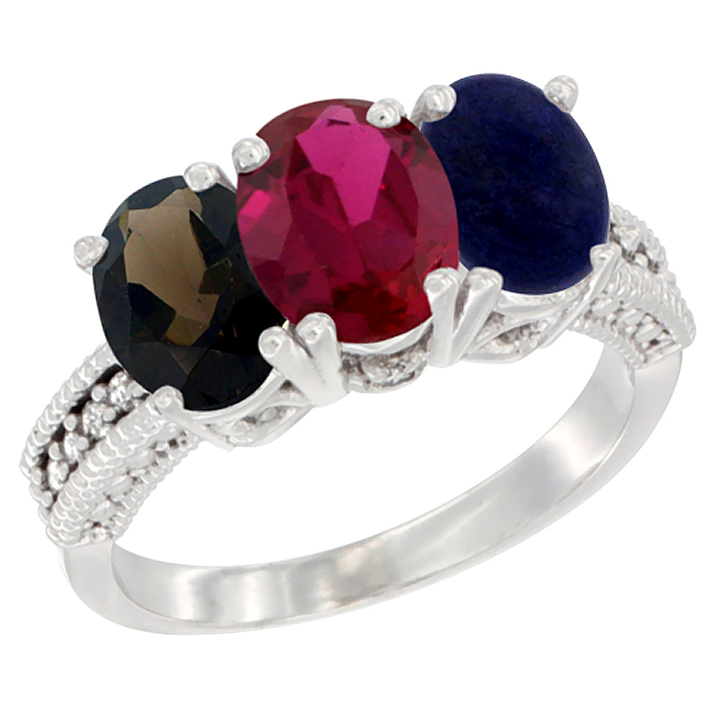 10K White Gold Natural Smoky Topaz, Enhanced Ruby &amp; Natural Lapis Ring 3-Stone Oval 7x5 mm Diamond Accent, sizes 5 - 10