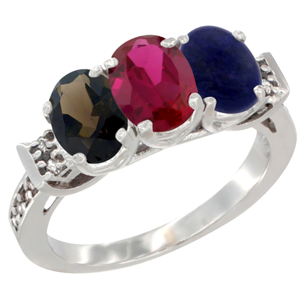 14K White Gold Natural Smoky Topaz, Enhanced Ruby &amp; Natural Lapis Ring 3-Stone Oval 7x5 mm Diamond Accent, sizes 5 - 10