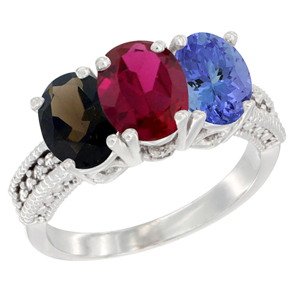 14K White Gold Natural Smoky Topaz, Enhanced Ruby &amp; Natural Tanzanite Ring 3-Stone 7x5 mm Oval Diamond Accent, sizes 5 - 10