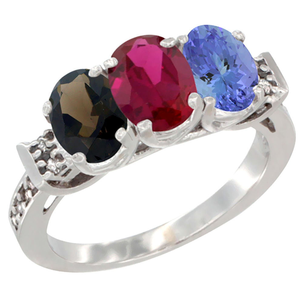 14K White Gold Natural Smoky Topaz, Enhanced Ruby &amp; Natural Tanzanite Ring 3-Stone Oval 7x5 mm Diamond Accent, sizes 5 - 10
