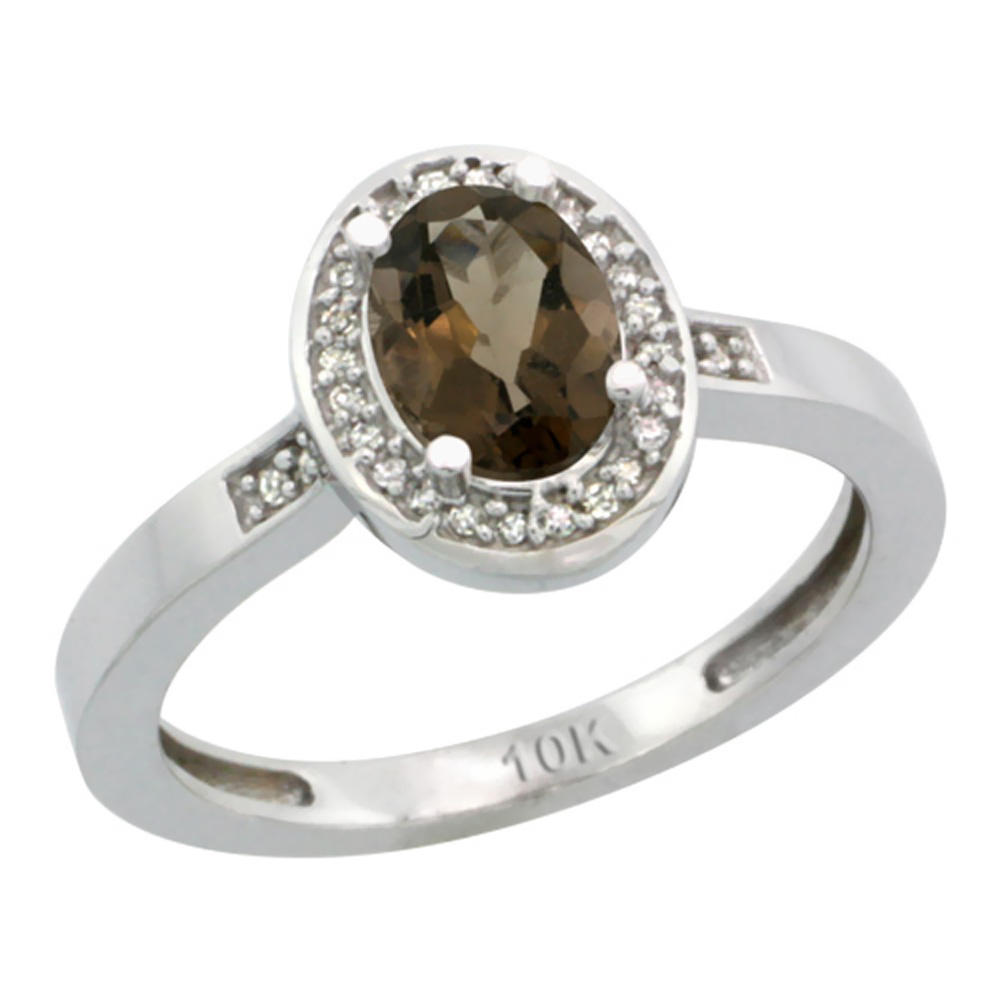 10K White Gold Diamond Natural Smoky Topaz Engagement Ring Oval 7x5mm, sizes 5-10